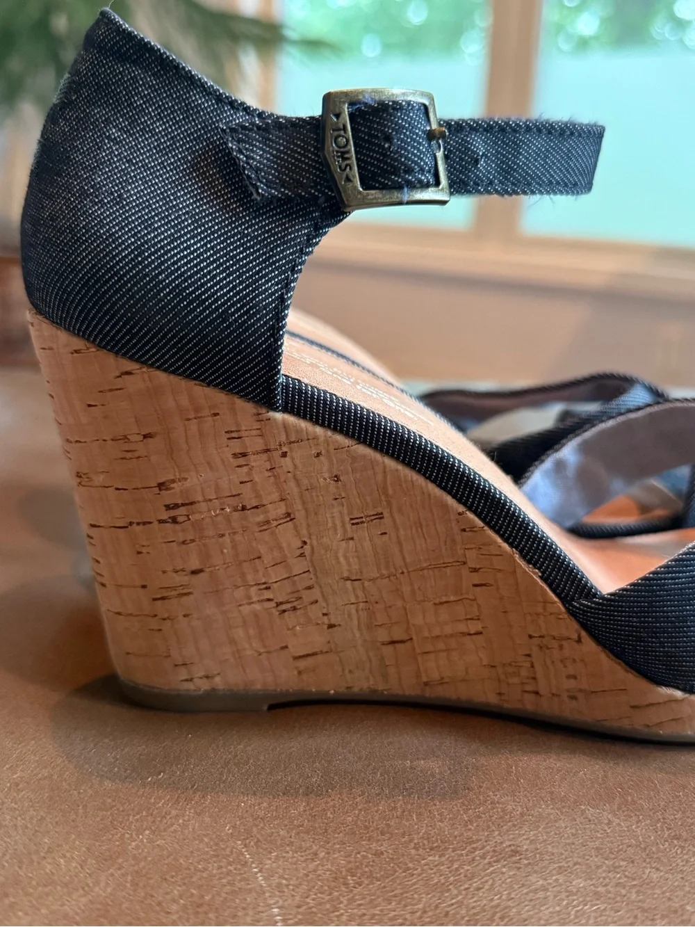 Toms Black Cork Wedge Sandals with Ankle Strap
